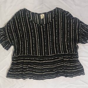 Paper Crane Boho Peplum Top Womens Large Black Cream Striped Flowy Blouse